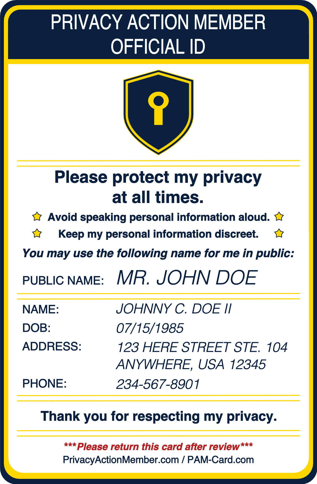 Personalized Privacy Action Member Cards